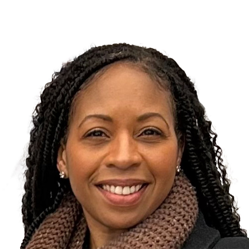 Woman in front of white background smiling